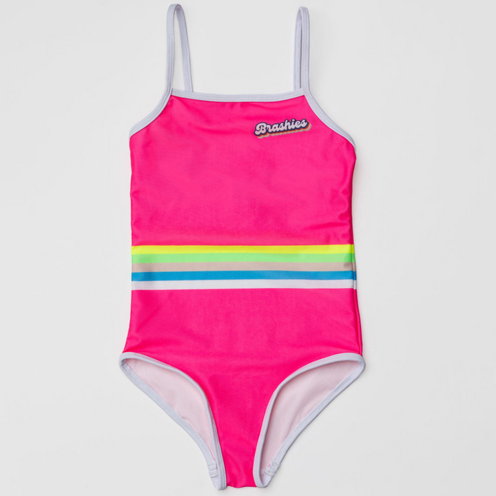 Girl wearing Brashies Newport one-piece swimsuit in pink